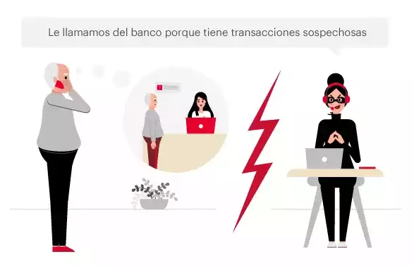 Ilustración de mujer estafando a adulto mayor por medio de una llamada enmascarada